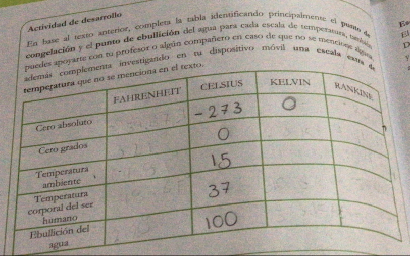 Actividad de desarrollo 
Es 
En base al texto anterior, completa la tabla identificando principalmente el punto d 
E 
congelación y el punto de ebullición del agua para cada escala de temperatura, también 
D 
poyarte con tu profesor o algún compañero en caso de que no se mencione alguna 
estigando en tu dispositivo móvil una escala extr 
ag