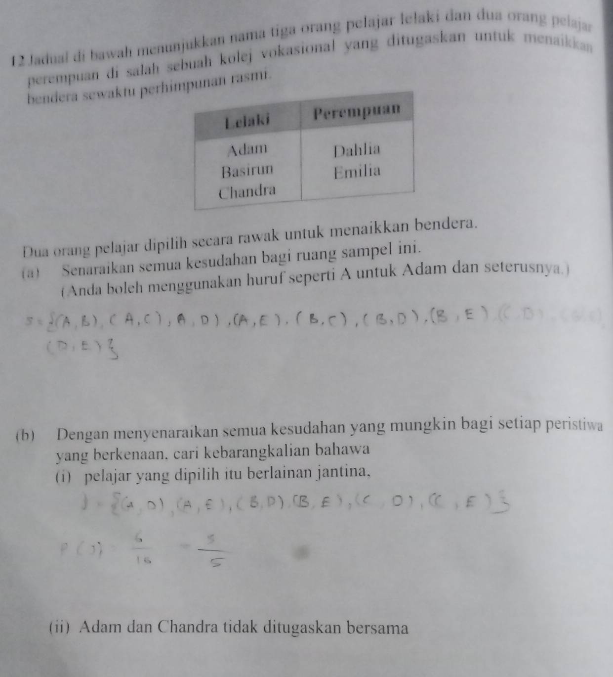 Jadual di bawah menunjukkan nama tiga orang pelajar lełaki dan dua orang pelajan 
perempuan di salah sebuah kolej vokasional yang ditugaskan untuk menaikka 
bendera sewaktu perhiunan rasmi. 
Dua orang pelajar dipilih secara rawak untuk menaikkan bendera. 
(a) Senaraikan semua kesudahan bagi ruang sampel ini. 
(Anda boleh menggunakan huruf seperti A untuk Adam dan seterusnya.) 
(b) Dengan menyenaraikan semua kesudahan yang mungkin bagi setiap peristiwa 
yang berkenaan, cari kebarangkalian bahawa 
(i) pelajar yang dipilih itu berlainan jantina. 
(ii) Adam dan Chandra tidak ditugaskan bersama