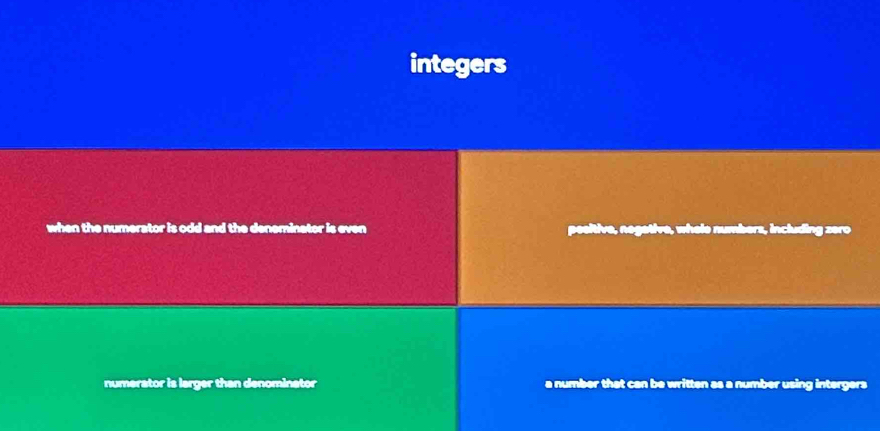 integers 
when the numerator is odd and the deneminator is even z erc 
inc 
numerator is larger than denominator a number that can be written as a number using intergers