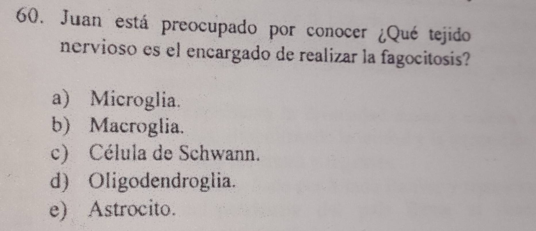 Juan está preocupado por conocer ¿Qué tejido
nervioso es el encargado de realizar la fagocitosis?
a) Microglia.
b) Macroglia.
c) Célula de Schwann.
d) Oligodendroglia.
e) Astrocito.