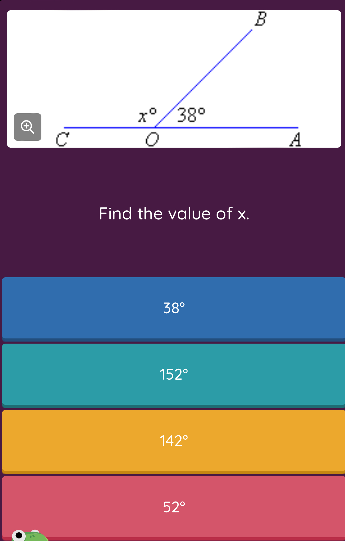 Find the value of x.
38°
152°
142°
52°