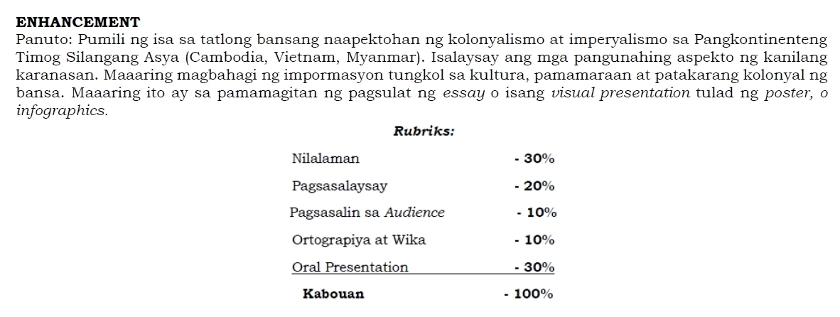 ENHANCEMENT 
Panuto: Pumili ng isa sa tatlong bansang naapektohan ng kolonyalismo at imperyalismo sa Pangkontinenteng 
Timog Silangang Asya (Cambodia, Vietnam, Myanmar). Isalaysay ang mga pangunahing aspekto ng kanilang 
karanasan. Maaaring magbahagi ng impormasyon tungkol sa kultura, pamamaraan at patakarang kolonyal ng 
bansa. Maaaring ito ay sa pamamagitan ng pagsulat ng essay o isang visual presentation tulad ng poster, o 
infographics. 
Rubriks: 
Nilalaman - 30%
Pagsasalaysay - 20%
Pagsasalin sa Audience - 10%
Ortograpiya at Wika - 10%
Oral Presentation - 30%
Kabouan - 100%