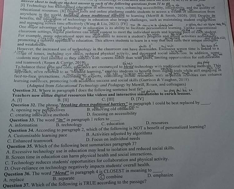 Giải quyết:answer sheet to indicate the best answer to each of the ...