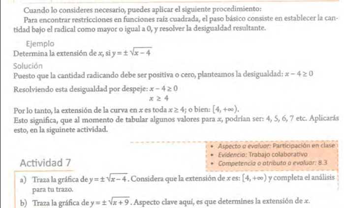 Cuando lo consideres necesario, puedes aplicar el siguiente procedimiento: 
Para encontrar restricciones en funciones raíz cuadrada, el paso básico consiste en establecer la can- 
tidad bajo el radical como mayor o igual a 0, y resolver la desigualdad resultante. 
Ejemplo 
Determina la extensión de x, si y=± sqrt(x-4)
Solución 
Puesto que la cantidad radicando debe ser positiva o cero, planteamos la desigualdad: x-4≥ 0
Resolviendo esta desigualdad por despeje: x-4≥ 0
x≥ 4
Por lo tanto, la extensión de la curva en x es toda x≥ 4; o bien: [4,+∈fty ). 
Esto significa, que al momento de tabular algunos valores para x, podrían ser: 4, 5, 6, 7 etc. Aplicarás 
esto, en la siguinete actividad. 
Aspecto a evaluar: Participación en clase 
Evidencio: Trabajo colaborativo 
Actividad 7 Competencia o atributo a evaluar: 8.3
a) Traza la gráfica de y=± sqrt(x-4). Considera que la extensión de x es: [4,+∈fty ) y completa el análisis 
para tu trazo. 
b) Traza la gráfica de y=± sqrt(x+9). Aspecto clave aquí, es que determines la extensión de x.