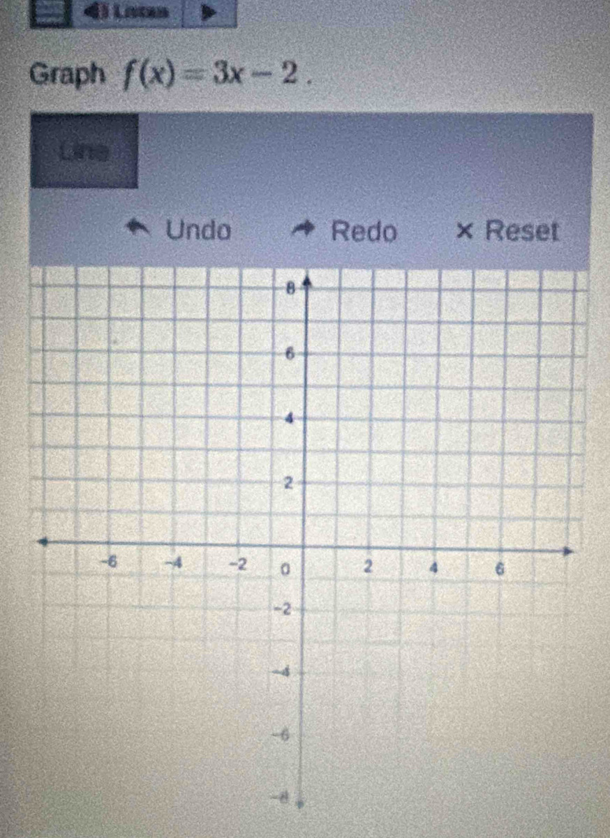 Graph f(x)=3x-2. 
Line 
Undo Redo × Reset