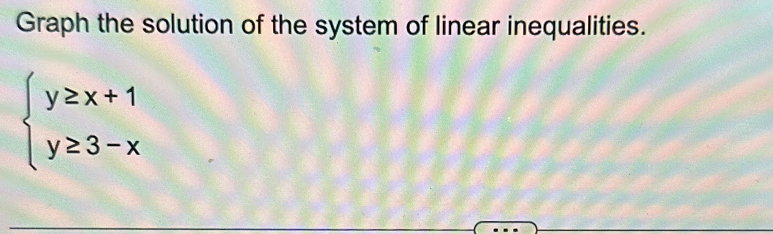 Graph the solution of the system of linear inequalities.
beginarrayl y≥ x+1 y≥ 3-xendarray.