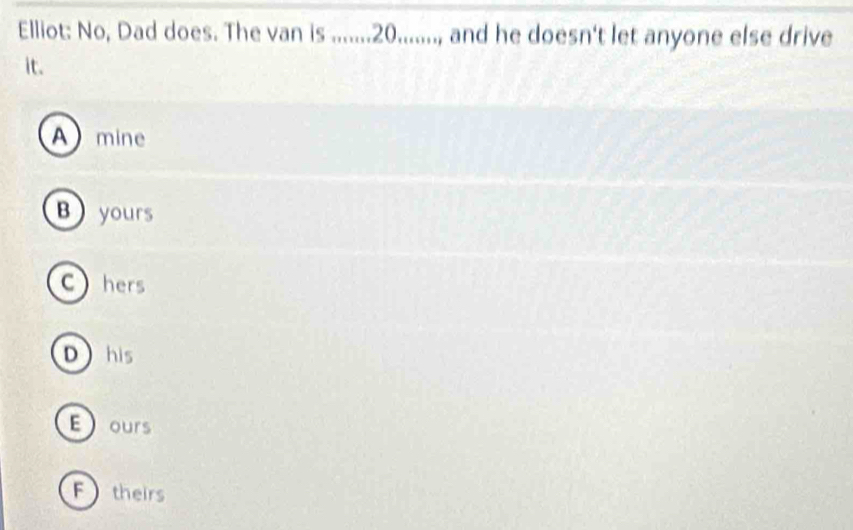 Elliot: No, Dad does. The van is ....... 20........, and he doesn't let anyone else drive
it.
A mine
B yours
Chers
Dhis
Eours
Ftheirs