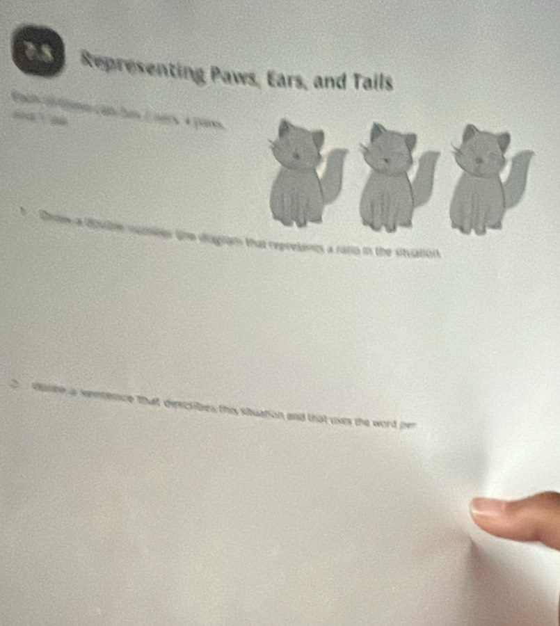 7.5 Representing Paws, Ears, and Tails 
Ean to them can has Éners, 4 pars 
Drow a doubre numiber tne dsgramat represents a ratio in the stvation 
nence that describes this sibuation and that uses the word per