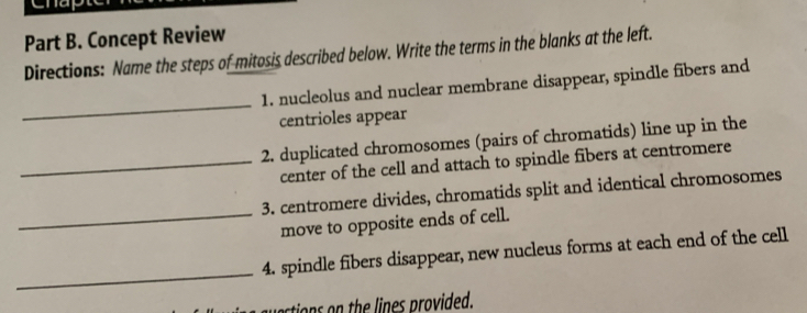 Chapt 
Part B. Concept Review 
Directions: Name the steps of mitosis described below. Write the terms in the blanks at the left. 
_ 
1. nucleolus and nuclear membrane disappear, spindle fibers and 
centrioles appear 
2. duplicated chromosomes (pairs of chromatids) line up in the 
_center of the cell and attach to spindle fibers at centromere 
_ 
3. centromere divides, chromatids split and identical chromosomes 
move to opposite ends of cell. 
_ 
4. spindle fibers disappear, new nucleus forms at each end of the cell 
ctions o the lines provided.