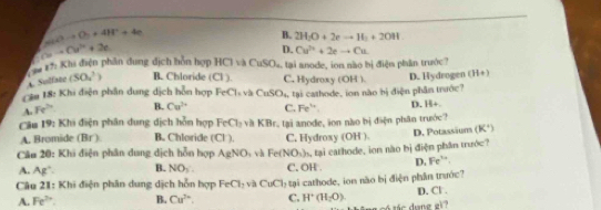 2ClOto O_2+4H^++4e
B. 2H_2O+2eto H_2+2OH
Cuto Cu^(3+)+2e
D. Cu^(2+)+2eto Cu
##7: Khi điện phần dung địch hồn hợp HCI và CuSO₄, tại anode, ion nào bị điện phần trước7
A. Sulfate (SO_4^(3) B. Chloride (CI) C. Hydroxy (OH ). D. Hydrogen (H+)
Cầm 18: Khi điện phân dung dịch hỗn hợp FeCl_2) CuSO_4 tại cathode, ion nào bị điện phần trước?
A.F 2x B. Cu^(2+) C. Fe^(th) D. H+
Câu 19: Khi điện phân dung dịch hỗn hợp FeCl_3 vài KBr, tại anode, ion nào bị điện phân trước?
A. Bromide (Br) B. Chloride (Cl). C. Hydroxy (OH ). D. Potassäums K°
Câu 20: Khi điện phân dung dịch hỗn hợp AgNO_1 và Fe(NO_3)_3 1, tại cathode, ion nào bị điện phân trước?
A. Ag". B. NO_3 C. OH .
Câu 21: Khi điện phân dung dịch hỗn hợp FeCl_2 yà CuCl_1 tại cathode, ion não bị điện phần trước? D. Fe”.
A. Fe^(2+) B. Cu^(2+). C. H^+(H_2O). D. Cl.