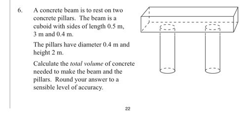 A concrete beam is to rest on two 
concrete pillars. The beam is a 
cuboid with sides of length 0.5 m,
3 m and 0.4 m. 
The pillars have diameter 0.4 m and 
height 2 m. 
Calculate the total volume of concrete 
needed to make the beam and the 
pillars. Round your answer to a 
sensible level of accuracy. 
22