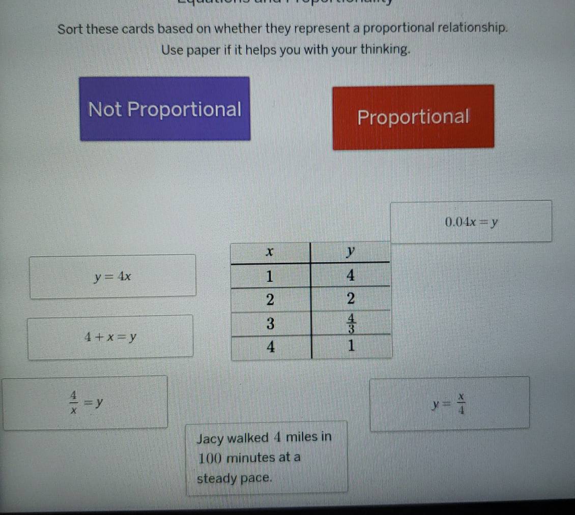 Sort these cards based on whether they represent a proportional relationship.
Use paper if it helps you with your thinking.
Not Proportional
Proportional
0.04x=y
y=4x
4+x=y
 4/x =y
y= x/4 
Jacy walked 4 miles in
100 minutes at a
steady pace.