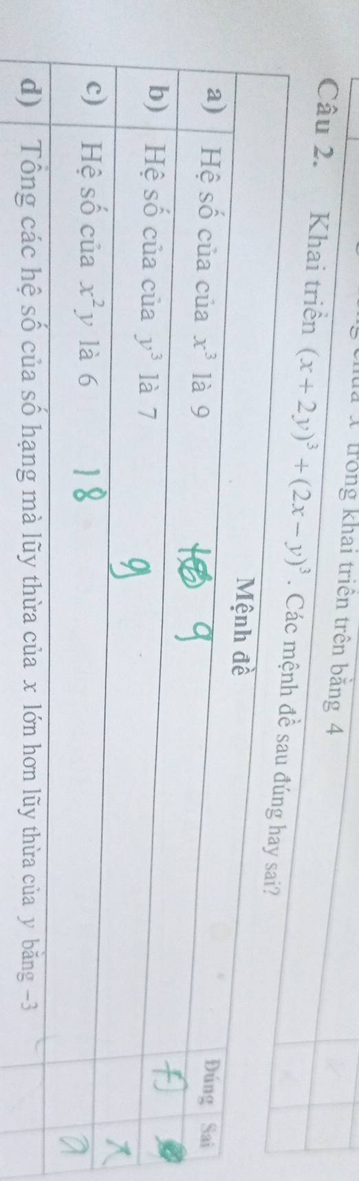 hu 1trong khai triên trên bằng 4
Câu 2. Khai triển (x+2y)^3+(2x-y)^3