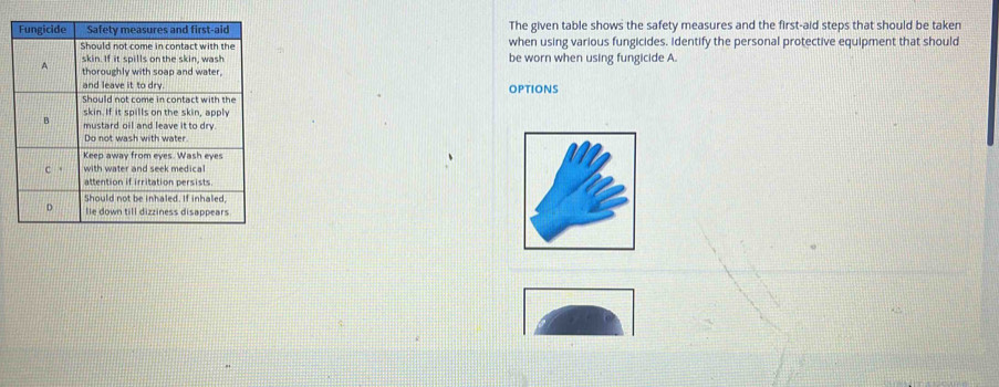 The given table shows the safety measures and the first-aid steps that should be taken 
when using various fungicides. Identify the personal protective equipment that should 
be worn when using fungicide A. 
OPTIONS