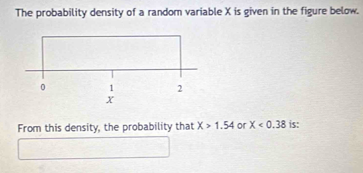 The probability density of a random variable X is given in the figure below. 
From this density, the probability that X>1.54 or X<0.38 is: