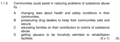 1.1. 5 Communities could assist in reducing problems of substance abuse
by ...
A changing laws about health and safety conditions in their
communities.
B prosecuting drug dealers to keep their communities safe and
secure
C educating families on their contribution to victims of substance
abuse.
D getting abusers to be forcefully admitted to rehabilitation
facilities. (5* 1) (5)