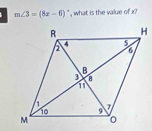 m∠ 3=(8x-6) ^circ  , what is the value of x?