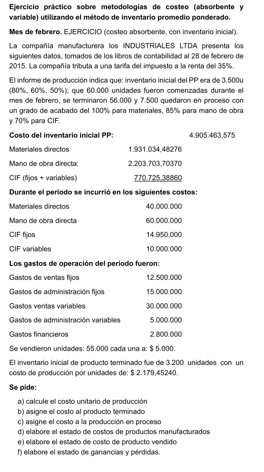 Ejercicio práctico sobre metodologías de costeo (absorbente y
variable) utilizando el método de inventario promedio ponderado.
Mes de febrero. EJERCICIO (costeo absorbente, con inventario inicial).
La compañía manufacturera los INDUSTRIALES LTDA presenta los
siguientes datos, tomados de los libros de contabilidad al 28 de febrero de
2015. La compañía tributa a una tarifa del impuesto a la renta del 35%.
El informe de producción indica que: inventario inicial del PP era de 3.500u
(80%, 60%, 50%); que 60.000 unidades fueron comenzadas durante el
mes de febrero, se terminaron 56.000 y 7.500 quedaron en proceso con
un grado de acabado del 100% para materiales, 85% para mano de obra
y 70% para CIF.
Costo del inventario inicial PP: 4.905.463,575
Materiales directos 1.931.034,48276
Mano de obra directa: 2.203.703,70370
CIF (fijos + variables) 770.725,38860
Durante el periodo se incurrió en los siguientes costos:
Materiales directos 40.000.000
Mano de obra directa 60.000.000
CIF fijos 14.950.000
CIF variables 10.000.000
Los gastos de operación del periodo fueron:
Gastos de ventas fijos 12.500.000
Gastos de administración fijos 15.000.000
Gastos ventas variables 30.000.000
Gastos de administración variables 5.000.000
Gastos financieros 2.800.000
Se vendieron unidades: 55.000 cada una a: $ 5.000.
El inventario inicial de producto terminado fue de 3.200 unidades con un
costo de producción por unidades de: $ 2.179,45240.
Se pide:
a) calcule el costo unitario de producción
b) asigne el costo al producto terminado
c) asigne el costo a la producción en proceso
d) elabore el estado de costos de productos manufacturados
e) elabore el estado de costo de producto vendido
f) elabore el estado de ganancias y pérdidas.