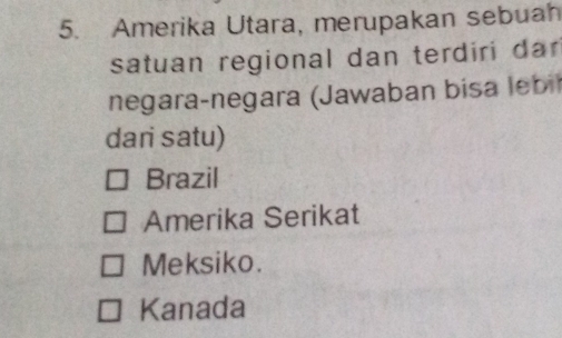 Amerika Utara, merupakan sebuah
satuan regional dan terdiri dar
negara-negara (Jawaban bisa lebi)
dari satu)
Brazil
Amerika Serikat
Meksiko.
Kanada