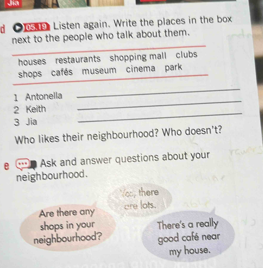 a 
d 05 9 Listen again. Write the places in the box 
_ 
_ 
next to the people who talk about them. 
houses restaurants shopping mall clubs 
shops cafés museum cinema park _ 
_ 
1 Antonella 
_ 
_ 
2 Keith 
3 Jia 
Who likes their neighbourhood? Who doesn't? 
e Ask and answer questions about your 
neighbourhood. 
You, there 
Are there any are lots. 
shops in your There's a really 
neighbourhood? good café near 
my house.