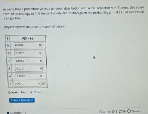 Assume that a procedure yields a binomial distribution with a trial repeated n=5 times. Use some
form of technology to find the probability distribution given the probability p=0.145 of success on
a single trial.
(Report answers accurate to 4 decimal places.)
Question Help:Œ Video
Submit Question
Question 11  0/1 pt つ 3 $ 99 Details