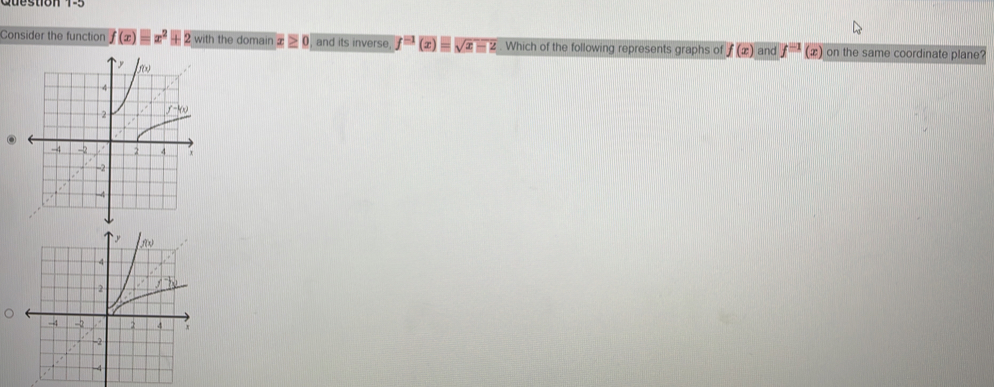 Consider the function f(x)equiv x^2 2 with the domain and its inverse f^(-1)x)=sqrt(x-2). Which of the following represents graphs of f(x) and f on the same coordinate plane?