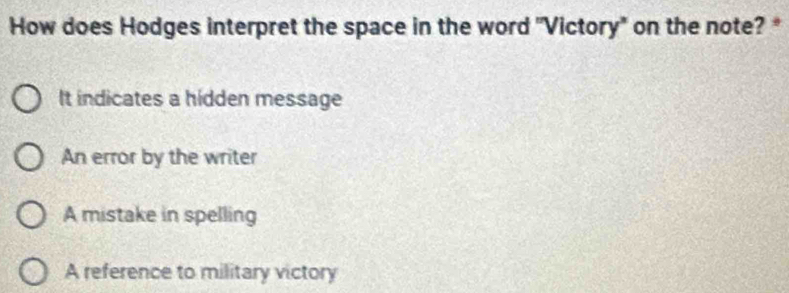 How does Hodges interpret the space in the word "Victory" on the note? *
It indicates a hidden message
An error by the writer
A mistake in spelling
A reference to military victory