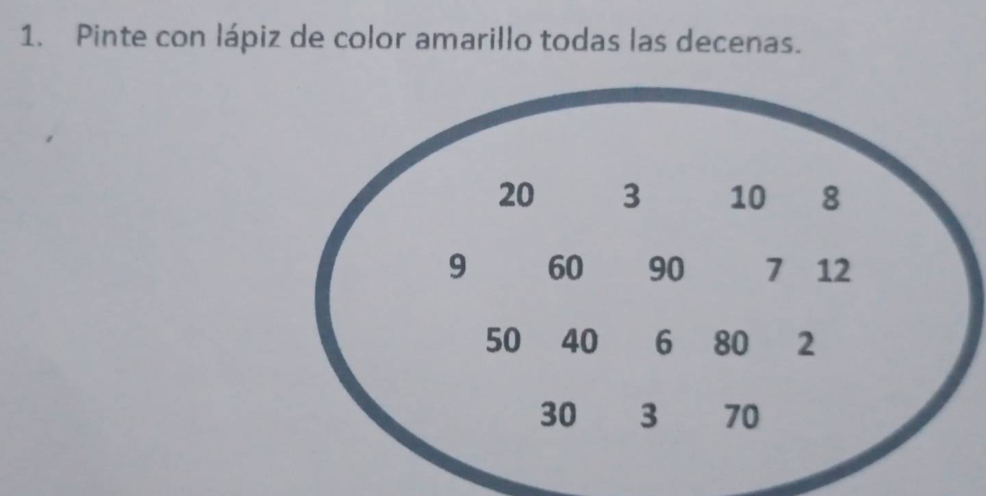 Pinte con lápiz de color amarillo todas las decenas.
20 3 10 8
9 60 90 7 12
50 40 6 80 2
30 3 70