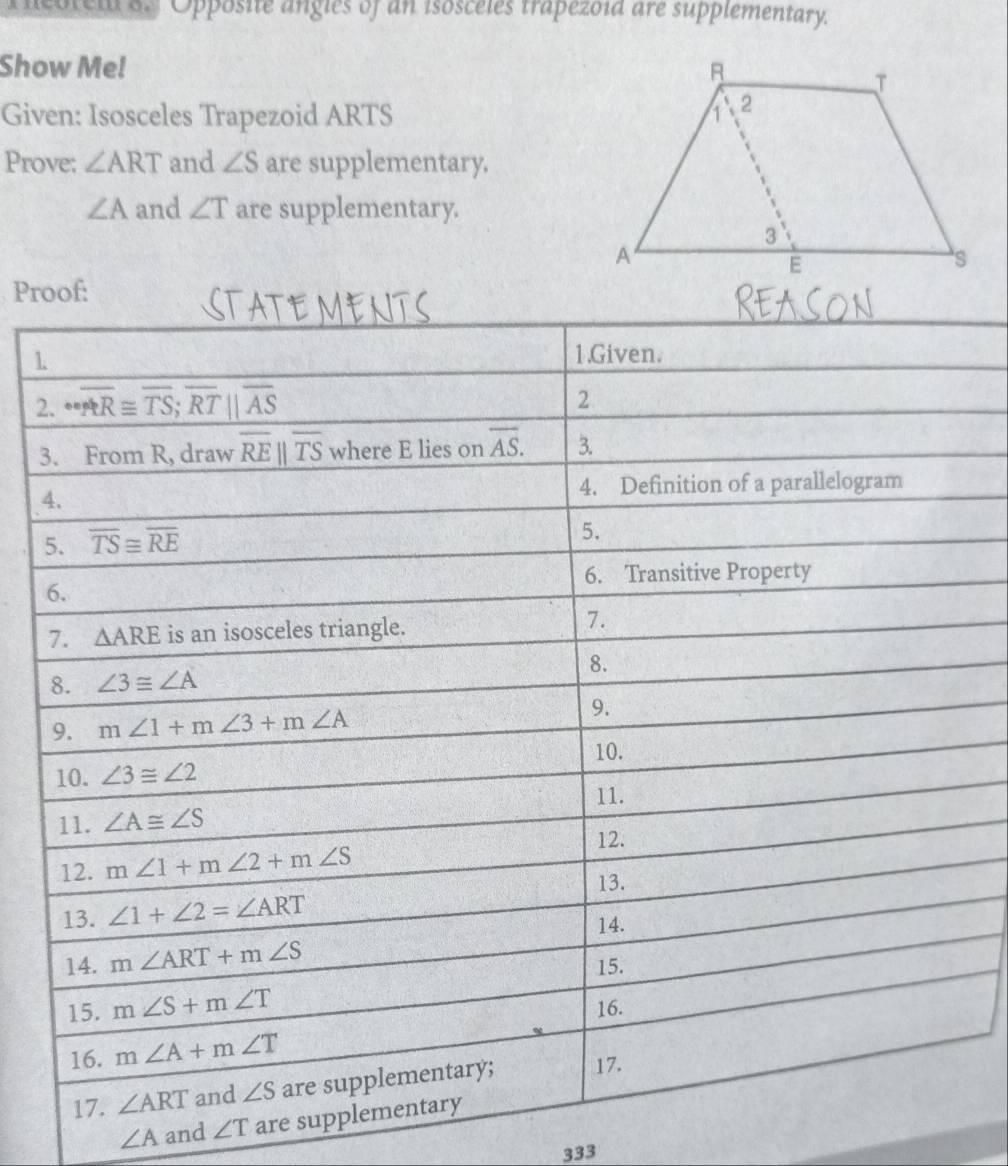 acorcia a. Oppósite angles of an isosceles trapezoia are supplementary.
Show Me! 
Given: Isosceles Trapezoid ARTS 
Prove: ∠ ART and ∠ S are supplementary.
∠ A and ∠ T are supplementary.
Proof:
1
2
3
4
∠ A and ∠ T are su
333