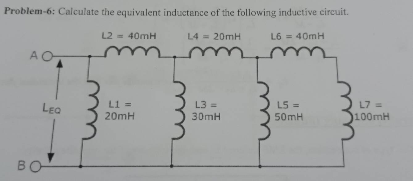 Problem-6: Calculate the equivalent inductance of the following inductive circuit.