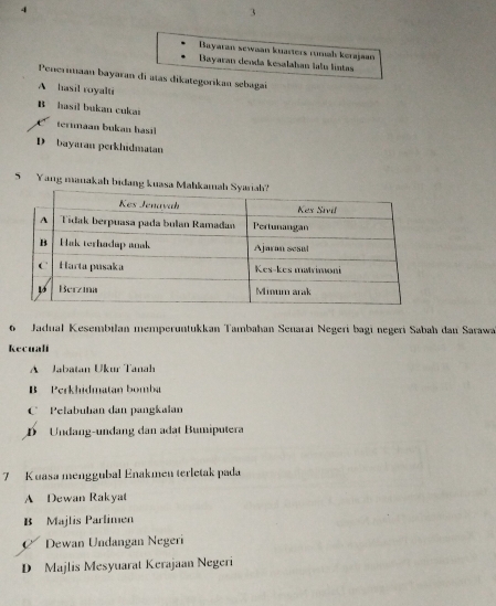 4
3
Bayaran sewaan kuarters rumal kerajaan
Bayaran denda kesalahan lalu líntas
Penerimaan bayaran di atas dikategorikan sebagai
A hasil royalti
B hasil bukan cukai
terimaan bukan hasil
D bayaran perkhidmatan
5 Yang manakah bidang ku
6 Jadual Kesembilan memperuntukkan Tambahan Senaraï Negeri bagi negeri Sabah dan Sarawa
Recuali
A Jabatan Ukur Tanah
B Perkhidmatan bomba
C Pelabuhan dan pangkalan
D Undang-undang dan adat Bumiputera
7 K uasa menggubal Enakmen terletak pada
A Dewan Rakyat
B Majlis Parlimen
C Dewan Undangan Negeri
D Majlis Mesyuarat Kerajaan Negeri