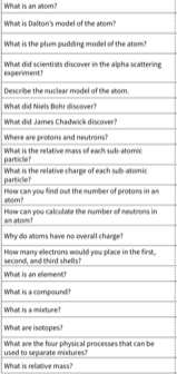 What is an atom? 
What 
What 
expeWhatg 
Desc 
What 
What 
Whe 
parti What 
parti What 
How 
atom 
an at How 
Why 
Howseco 
What 
What 
What 
What 
Whatused 
What is relative mass?