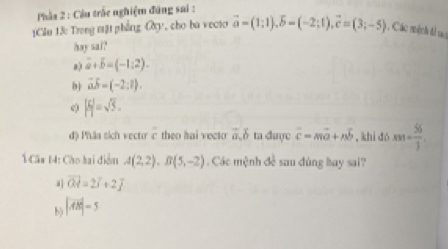 Phảs 2 : Cầu trắc nghiệm đúng sai :
[Cầu 13: Trong mặt phẳng Oy, cho ba vecto vector a=(1;1), vector b=(-2;t), vector c=(3;-5). Các mệch đ t
hay sai?
vector a+vector b=(-1:2).
b vector adelta =(-2;(1).
c) |5|=sqrt(5).
d) Phâa sich vecto c theo hai vecto vector a, vector b ta dayc overline c=moverline a+noverline b , khi dó xw= 56/3 
Câa 14: Cho hai điễn A(2,2), B(5,-2). Các mệnh đề sau đùng hay sai?. vector OA=2vector i+2vector j
b) |vector AB|=5