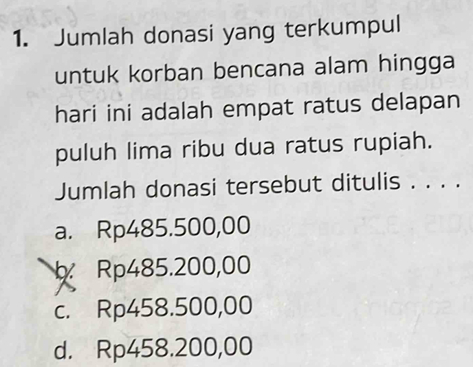 Jumlah donasi yang terkumpul
untuk korban bencana alam hingga
hari ini adalah empat ratus delapan
puluh lima ribu dua ratus rupiah.
Jumlah donasi tersebut ditulis . . . .
a. Rp485.500,00
Rp485.200,00
c. Rp458.500,00
d. Rp458.200,00