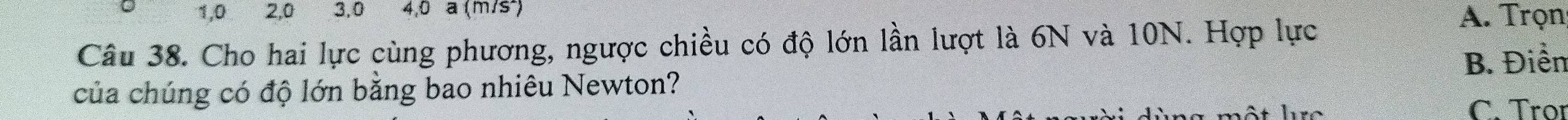9 1, 0 2, 0 3. 0 4,0 a (m/s²)
Câu 38. Cho hai lực cùng phương, ngược chiều có độ lớn lần lượt là 6N và 10N. Hợp lực
A. Trọn
của chúng có độ lớn bằng bao nhiêu Newton? B. Điền
C. Tror