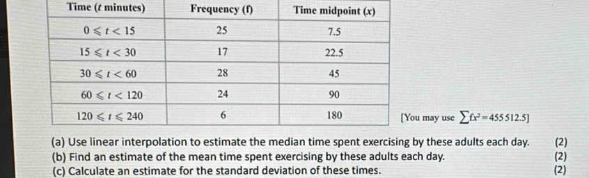 Time (t minutes)
u may use sumlimits fx^2=455512.5]
se lineion to estimate the medime spent exercising by these adults each day. (2)
(b) Find an estimate of the mean time spent exercising by these adults each day. (2)
(c) Calculate an estimate for the standard deviation of these times.
(2)