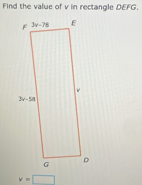 Find the value of v in rectangle DEFG.
v=□