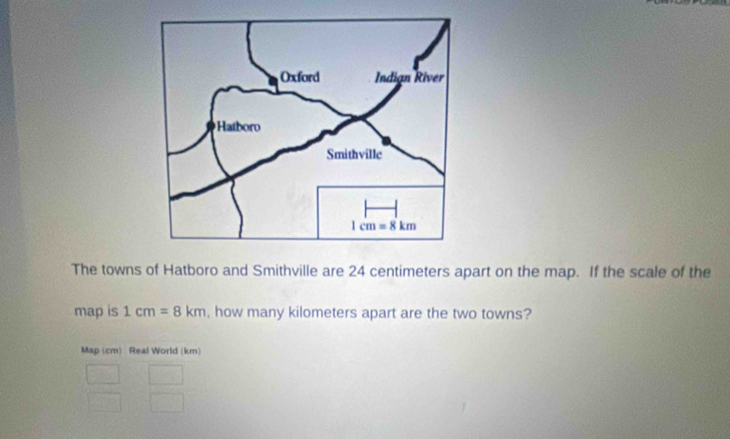 The towns of Hatboro and Smithville are 24 centimeters apart on the map. If the scale of the
map is 1cm=8km , how many kilometers apart are the two towns?
Map (cm) Real World (km)