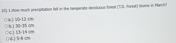 How much precipitation fell in the temperate deciduous forest (T.D. Forest) biome in March?
a.) 10-12 cm
b.) 30-35 cm
c.) 13-14 cm
d.) 5-8 cm