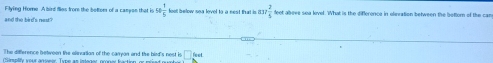 Flying Home. A bird flies from the bettem of a canyas that is 4 1/4  hol h loer wa s locsod to a meet fa s i . w 2/4 
and the hir's re . deet abeve sea level. What is the difference in eleration between the bettorn of the ca 
_ 
he difference between the olisvation of the caryan and the bird's nest is □