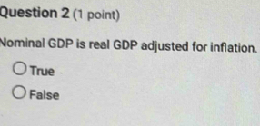 Nominal GDP is real GDP adjusted for inflation.
True
False