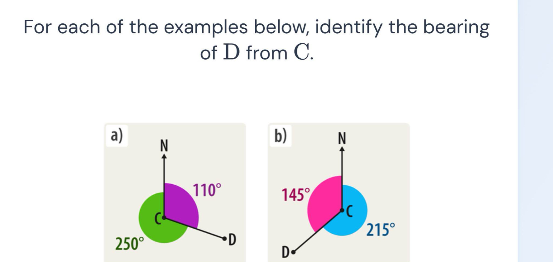 For each of the examples below, identify the bearing
of D from C.
D