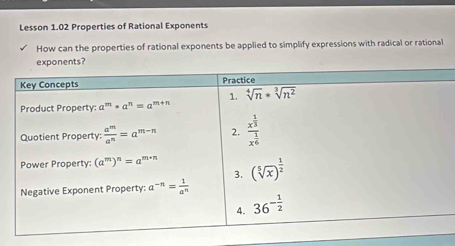 Lesson 1.02 Properties of Rational Exponents
How can the properties of rational exponents be applied to simplify expressions with radical or rational