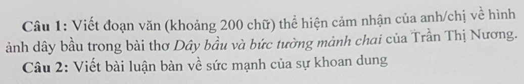 Viết đoạn văn (khoảng 200 chữ) thể hiện cảm nhận của anh/chị về hình 
ảnh dây bầu trong bài thơ Dây bầu và bức tường mảnh chai của Trần Thị Nương. 
Câu 2: Viết bài luận bàn về sức mạnh của sự khoan dung