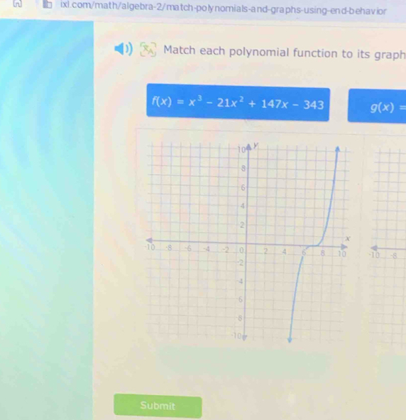 Match each polynomial function to its graph
f(x)=x^3-21x^2+147x-343 g(x)=
-8
Submit