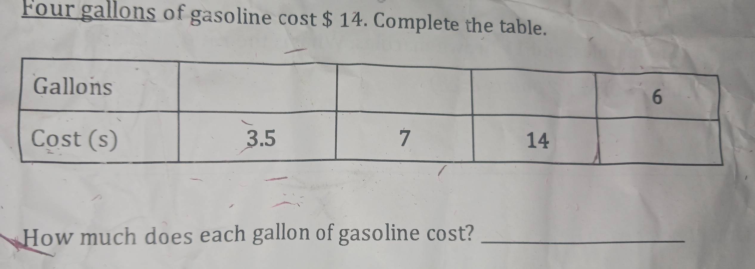 Four gallons of gasoline cost $ 14. Complete the table. 
How much does each gallon of gasoline cost?_