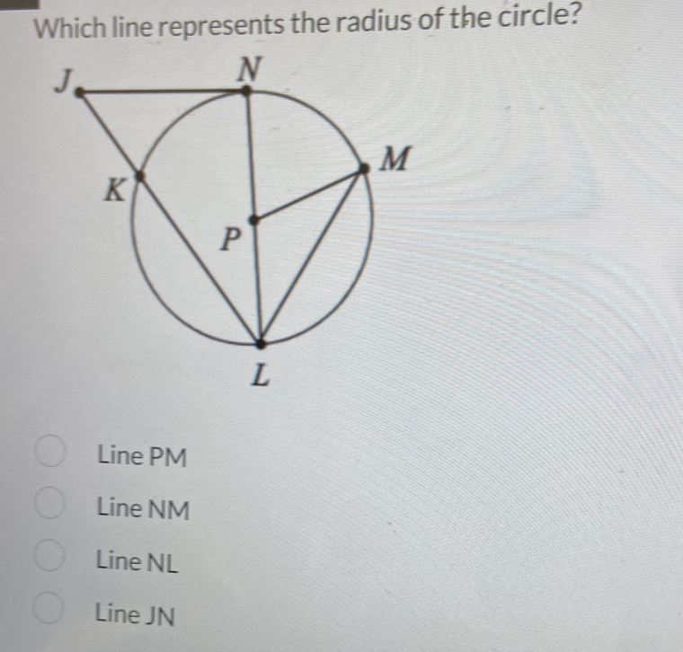 Which line represents the radius of the circle?
Line PM
Line NM
Line NL
Line JN