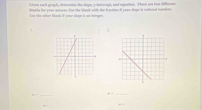 Given each graph, determine the slope, y-intercept, and equation. There are two different 
blanks for your answer. Use the blank with the fraction if your slope is rational number. 
Use the other blank if your slope is an integer. 
1 
2. 
_ m=
m= _
m=
m=