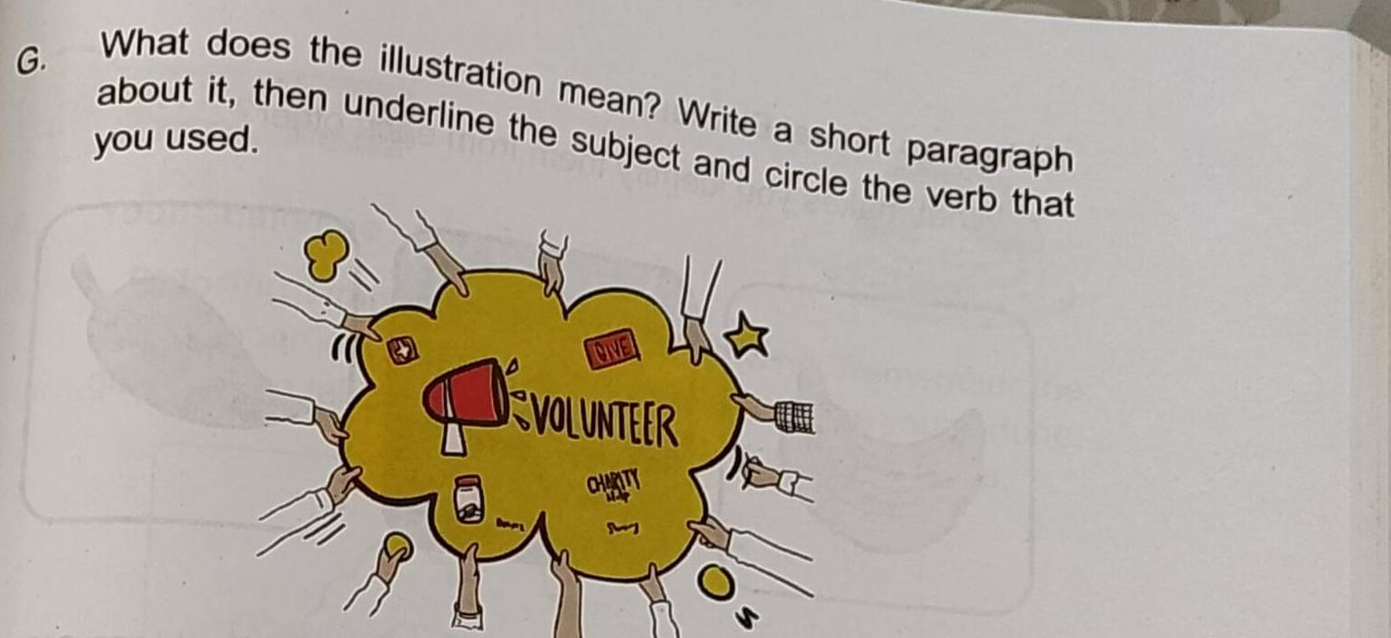 What does the illustration mean? Write a short paragraph 
you used. about it, then underline the subject and circlthe verb that