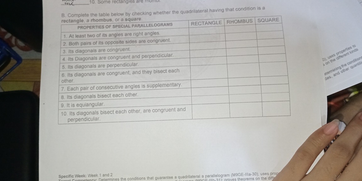 Some rectangles are mombi 
cking whether the quadrilateral having that condition is a 
0); uses properties to 
on the different kinds 
des, and other quantil 
etermining the condition 
Specific Week: Week 1 and 2 
mpetency: Determines the conditions that guarantee a quadrilateral a parallelogram (M9GE-IIIa-30); uses prop 
G E b 3 ) n m ves theorems on the diff